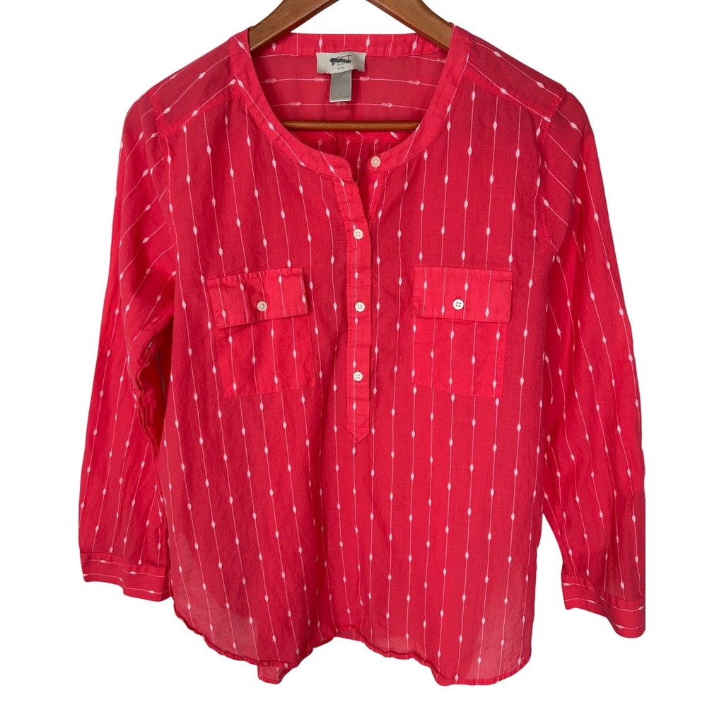 Loft Outlet Petite Pink Button Up Blouse Tabbed Sleeves Chest Pockets Women's LP